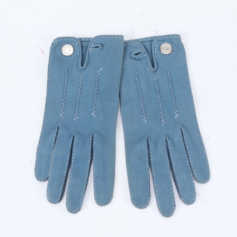 ■美品 エルメス セリエ ラムスキン グローブ 6 1/2 ブルー手袋