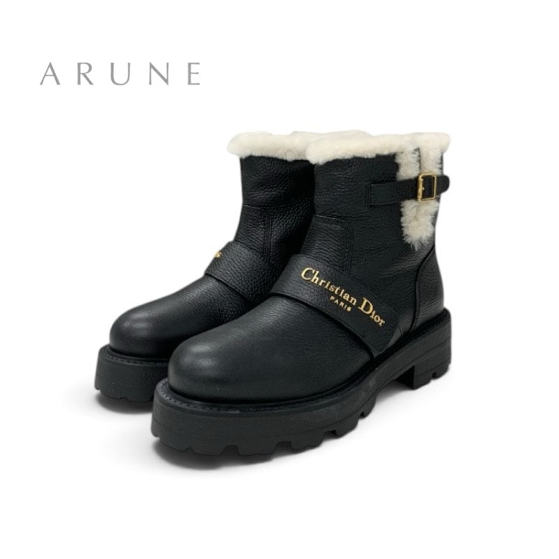 クリスチャンディオール CHRISTIAN DIOR D-Quest ブーツ ショートブーツ 靴 シューズ レザー ムートン ブラック ホワイト ロゴ