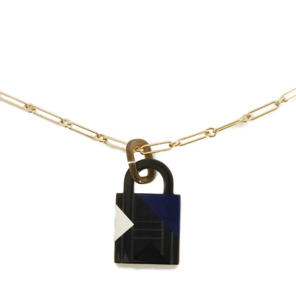 HERMES エルメス アミュレット カデナ GM 美品 ロゴ ペンダントトップ ブラウン ブラック ブルー ホワイト トリオカラー ゴールド チェーン パドロック バッファローホーン ナチュラル ロング ネックレス 057073FD