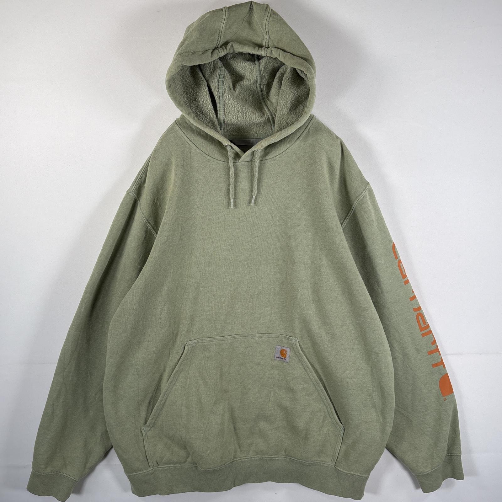 古着 カーハート Carhartt パーカー 大きいサイズ ワンポイントロゴ マフポケット 袖プリント ルーズフィット XL  グリーン系 メンズ