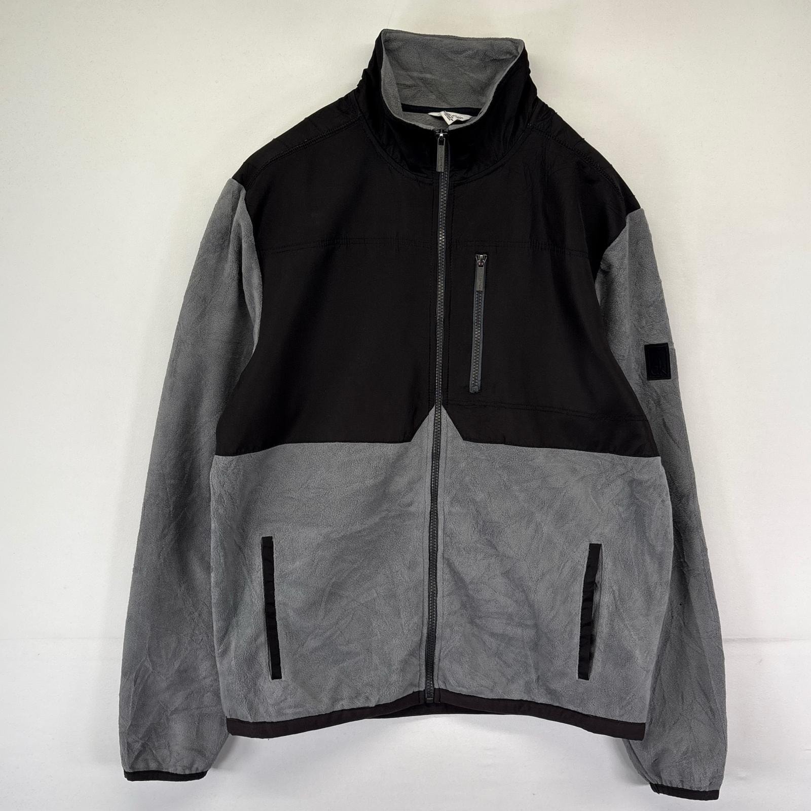 古着 カルバンクライン Calvin Klein フリース ジャケット フルジップ ナイロン切替 ワンポイントロゴ L  ブラック系 メンズ