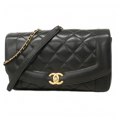 【6dd4679】シャネル ショルダーバッグ ダイアナ Wチェーン ラムスキン ブラック シャンパンゴールド金具【中古】レディース