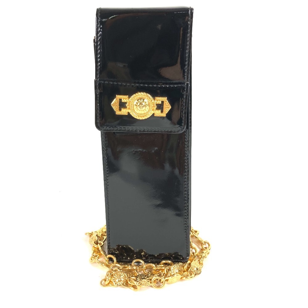 ヴェルサーチ VERSACE サンバースト ロゴ フォンバッグ ヴィンテージ カバン フラップ チェーンバッグ 斜め掛け ポシェット ショルダーバッグ エナメル ブラック