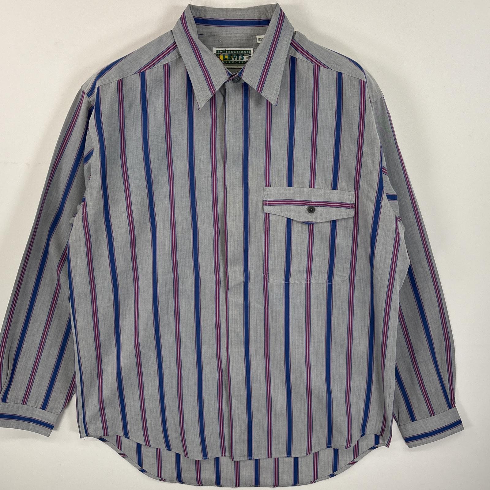古着 リーバイス Levi's 長袖シャツ フラップポケ スナップボタン INTERNATIONAL COLLECTION M グレー系 ストライプ メンズ
