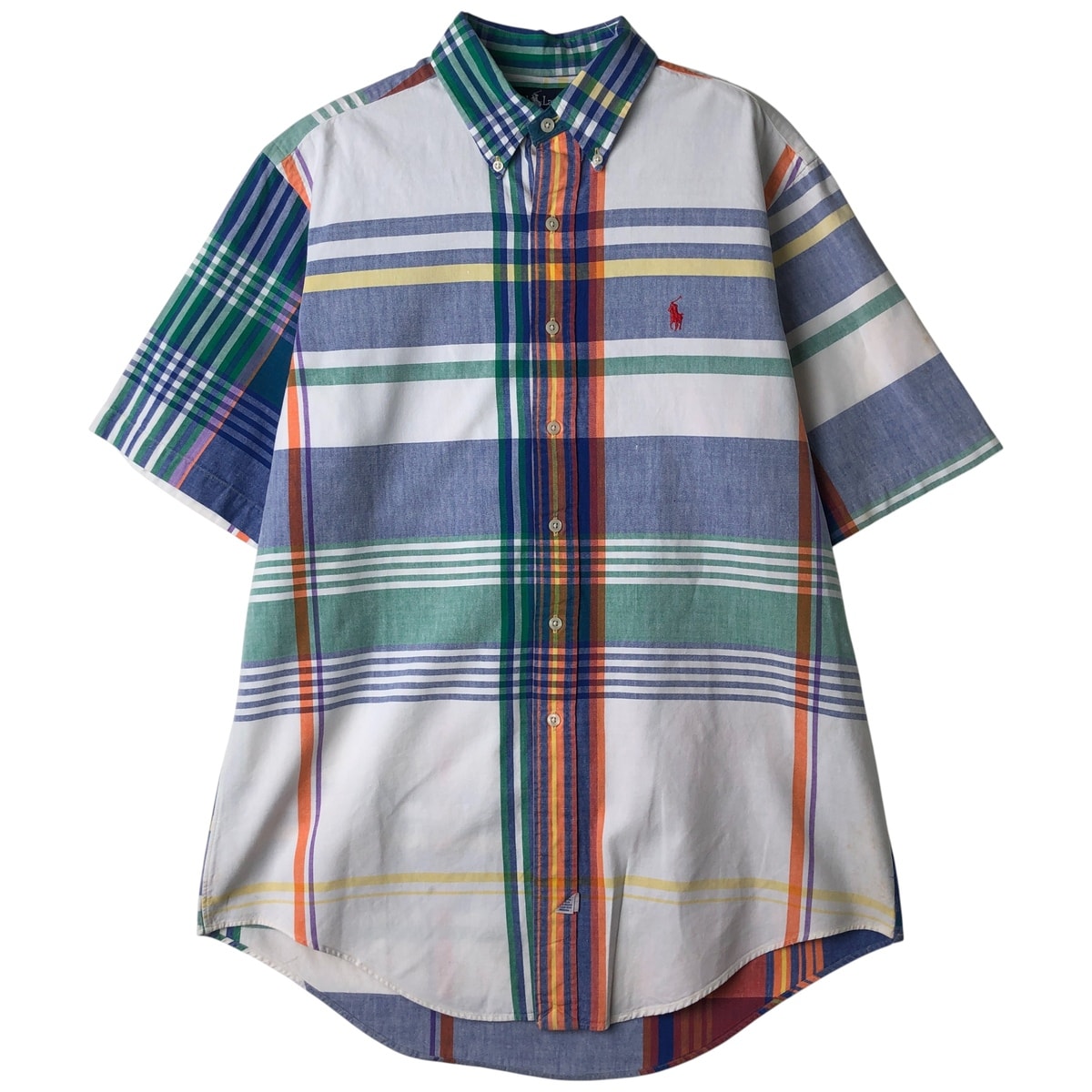 古着 ラルフローレン Ralph Lauren クレイジーパターン 半袖 ボタンダウン チェックシャツ メンズL相当/eaa611060