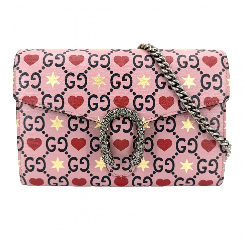 GUCCI グッチ ショルダーバッグ ディオニュソス タイガーヘッド ハート 肩掛け 斜め掛け チェーンショルダー スター 401231 レザー ピンク レッド 赤 シルバー金具 レディース 美品【中古品】