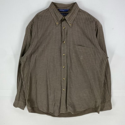 古着 90's/90年代 ノーティカ NAUTICA 長袖シャツ ボタンダウン ロングスリーブ 胸ポケット L ブラウン系 ストライプ メンズ