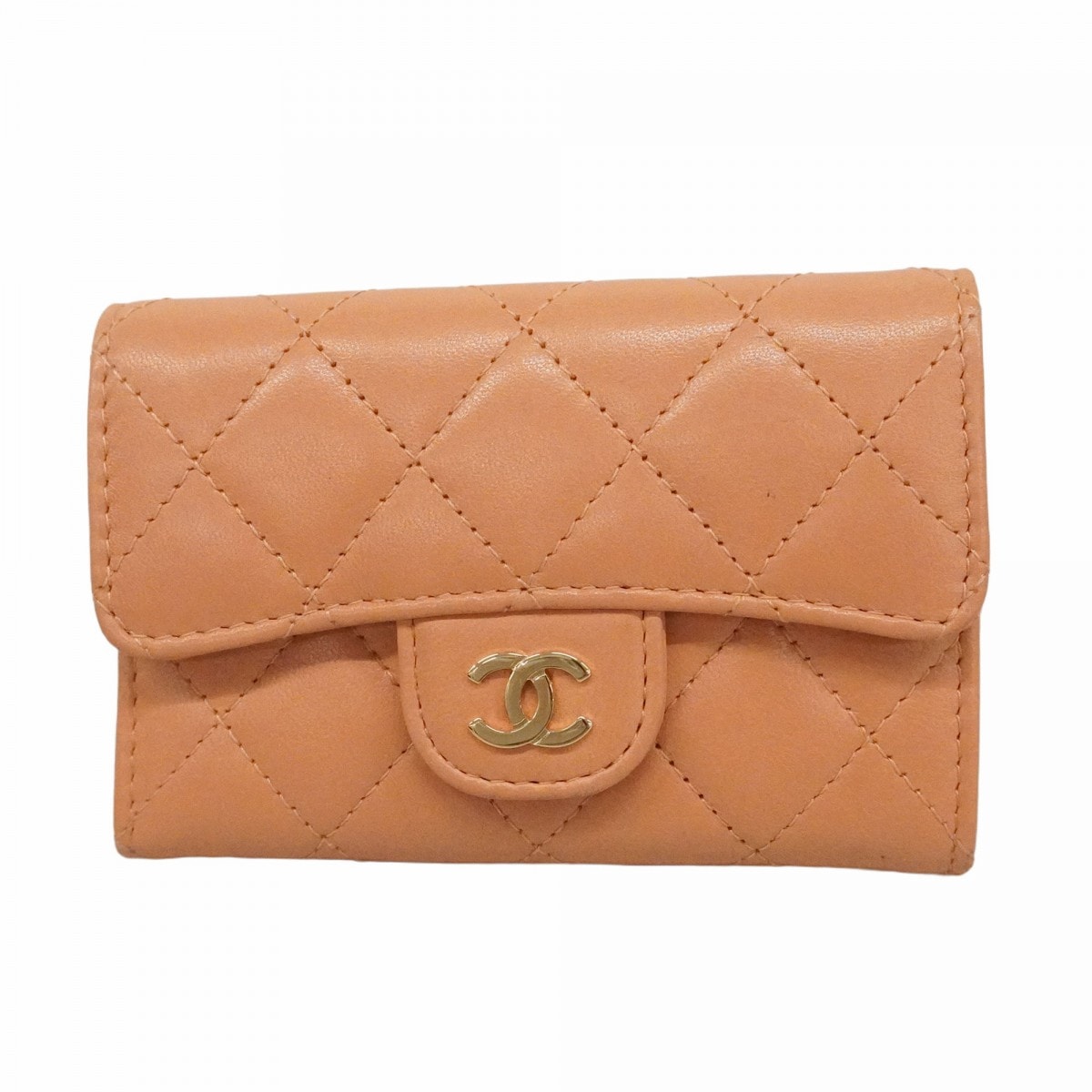 【6cd5434-k】シャネル 名刺入れ マトラッセ ラムスキン サーモンピンク シャンパンゴールド金具【中古】レディース