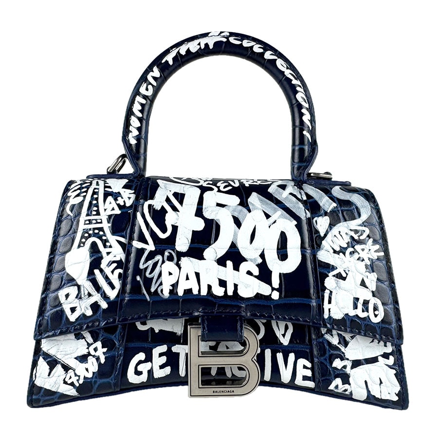 バレンシアガ BALENCIAGA ハンドバッグ ショルダーバッグ アワーグラスXS 型押しレザー ネイビー/ホワイト レディース 592833【中古】 z9286