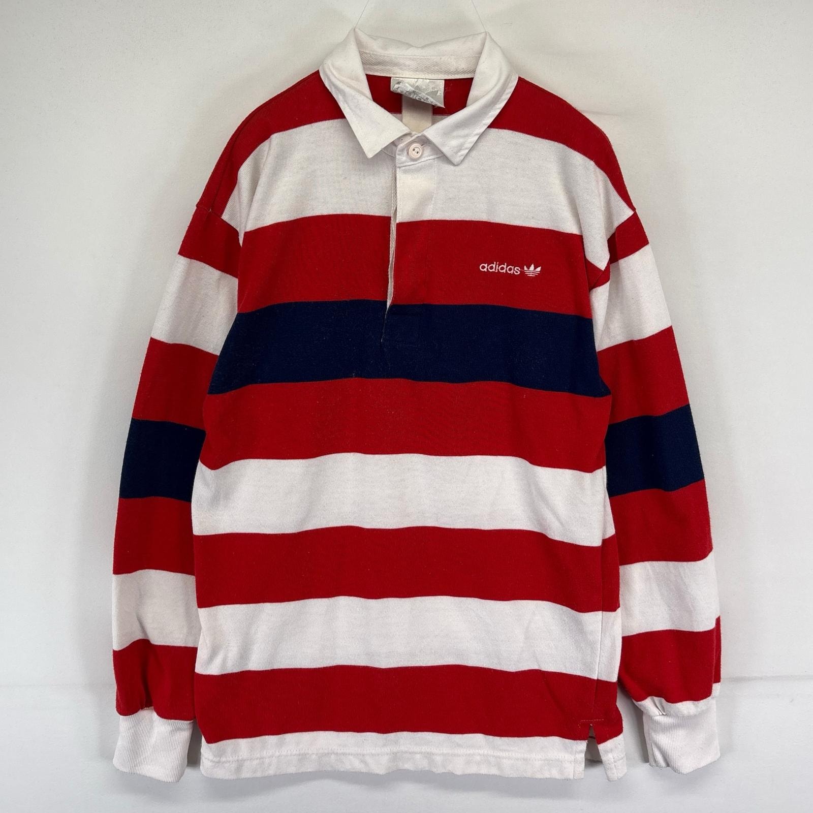 古着 80's/80年代 ヴィンテージ アディダス adidas 長袖シャツ ワンポイントロゴ ラガーシャツ  レッド系 ボーダー メンズ