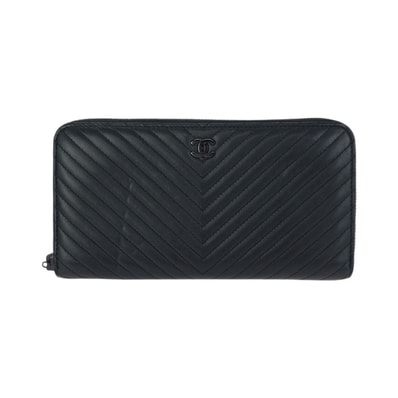 美品 CHANEL シャネル シェブロンVステッチ ココマーク ブラック 黒 ガンメタ金具 ラムスキン 長財布 ラウンドファスナー 601528 【中古】