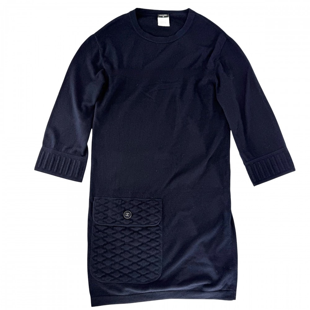CHANEL シャネル ワンピース ココボタン ニットワンピース 長袖 ポケット アパレル 服 36 ネイビー 紺 カシミヤ ナイロン スパンデックス レディース 秋 冬【中古品】