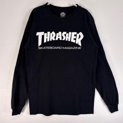 古着 スラッシャー THRASHER 長袖Tシャツ スケボー ロゴ クルーネック S ブラック プリント メンズ