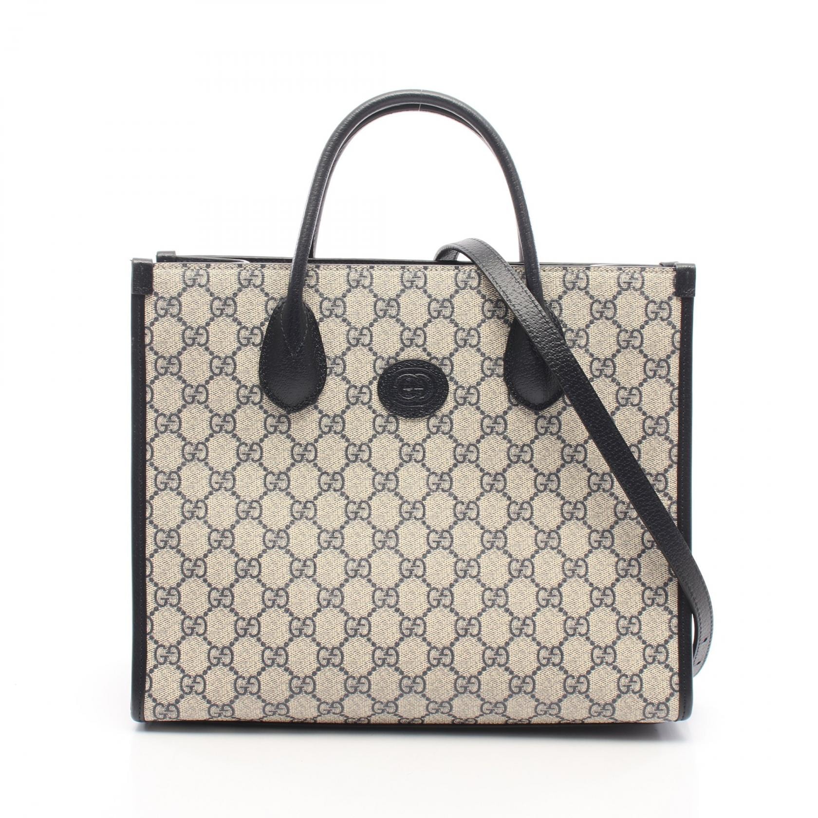 グッチ GUCCI GGスプリーム 2WAY トートバッグ バッグ PVCコーティングキャンバス レザー レディース ネイビー系 / アイボリー系 659983 【中古】