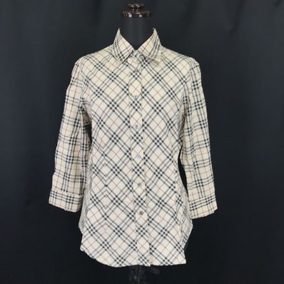 UK/イングランド製★BURBERRY★七分袖シャツ【women’s size -M(日本サイズM?L相当/ベージュ/チェック】Tops/Shirts◆senBH139