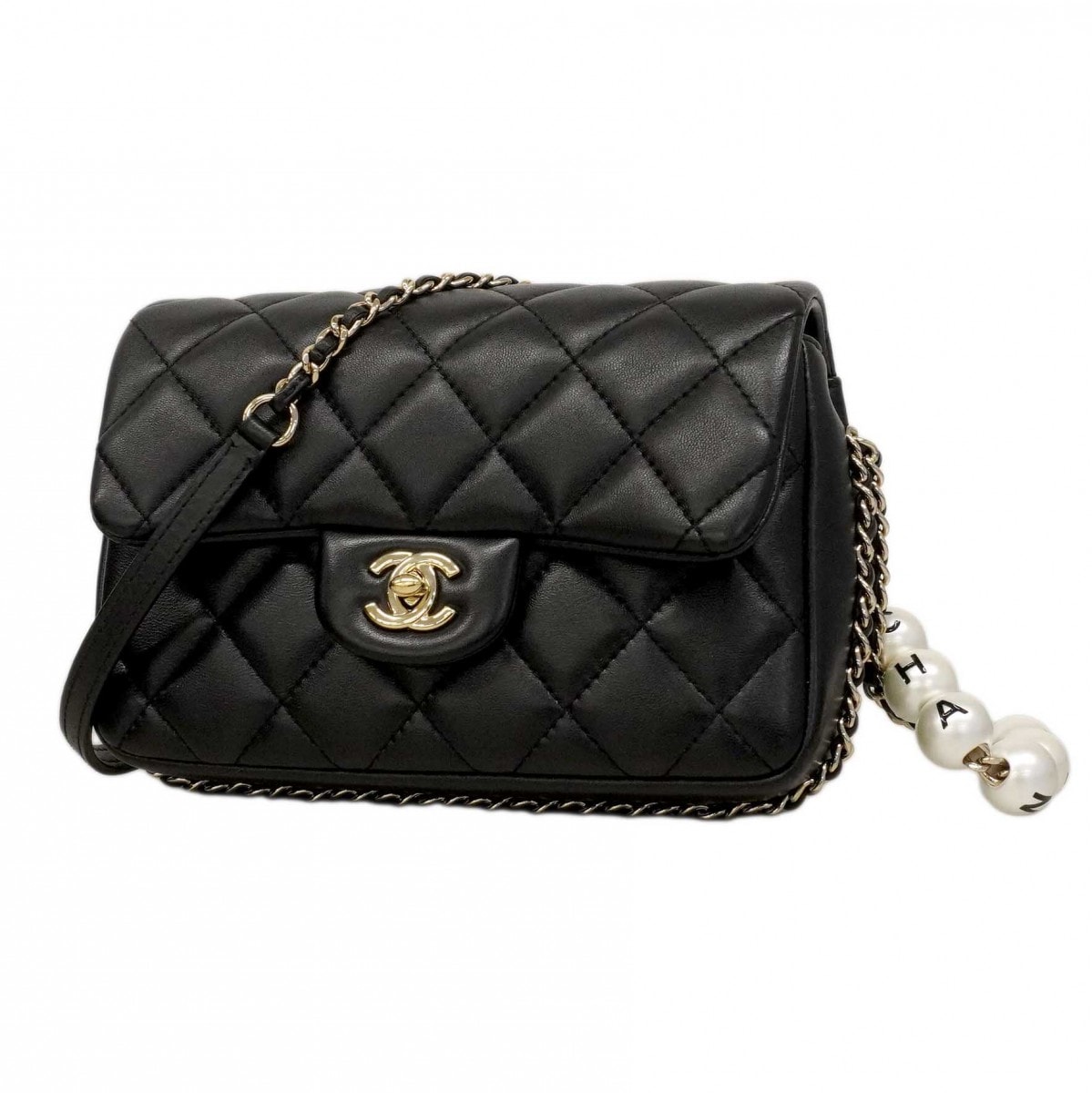 【6dc3007】シャネル ショルダーバッグ ミニマトラッセ チェーンショルダー ラムスキン ブラック シャンパンゴールド金具【中古】レディース