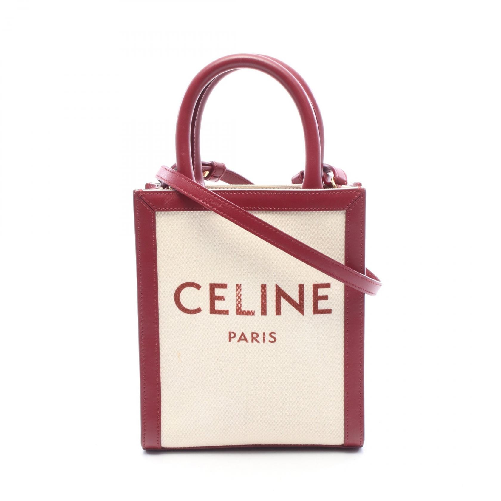 セリーヌ CELINE ミニ バーティカルカバ 2WAY ハンドバッグ バッグ キャンバス レザー レディース アイボリー系 / ボルドー系 【中古】
