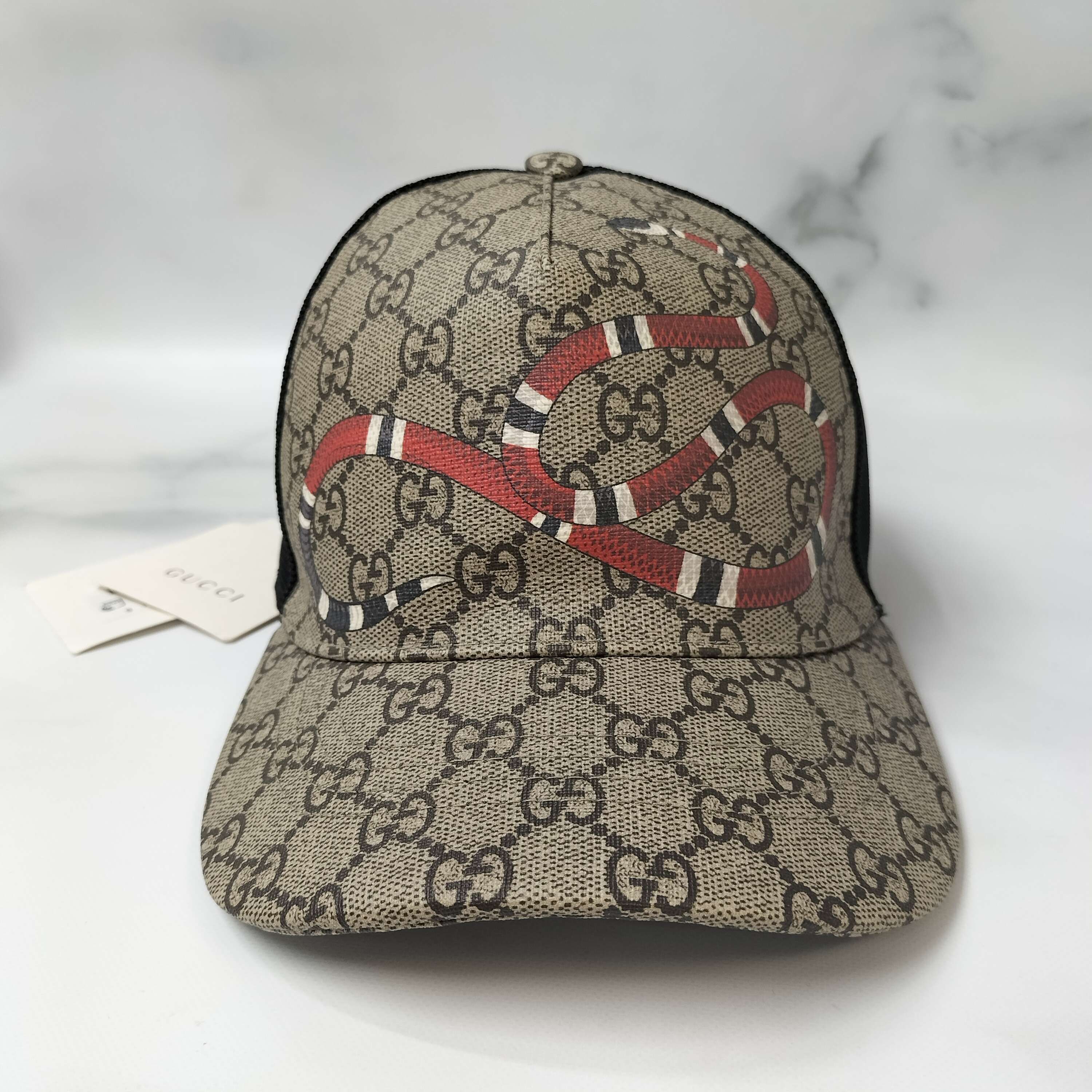 GUCCI Kingsnake Print GG Supreme Baseball Hat "Beige/Ebony"