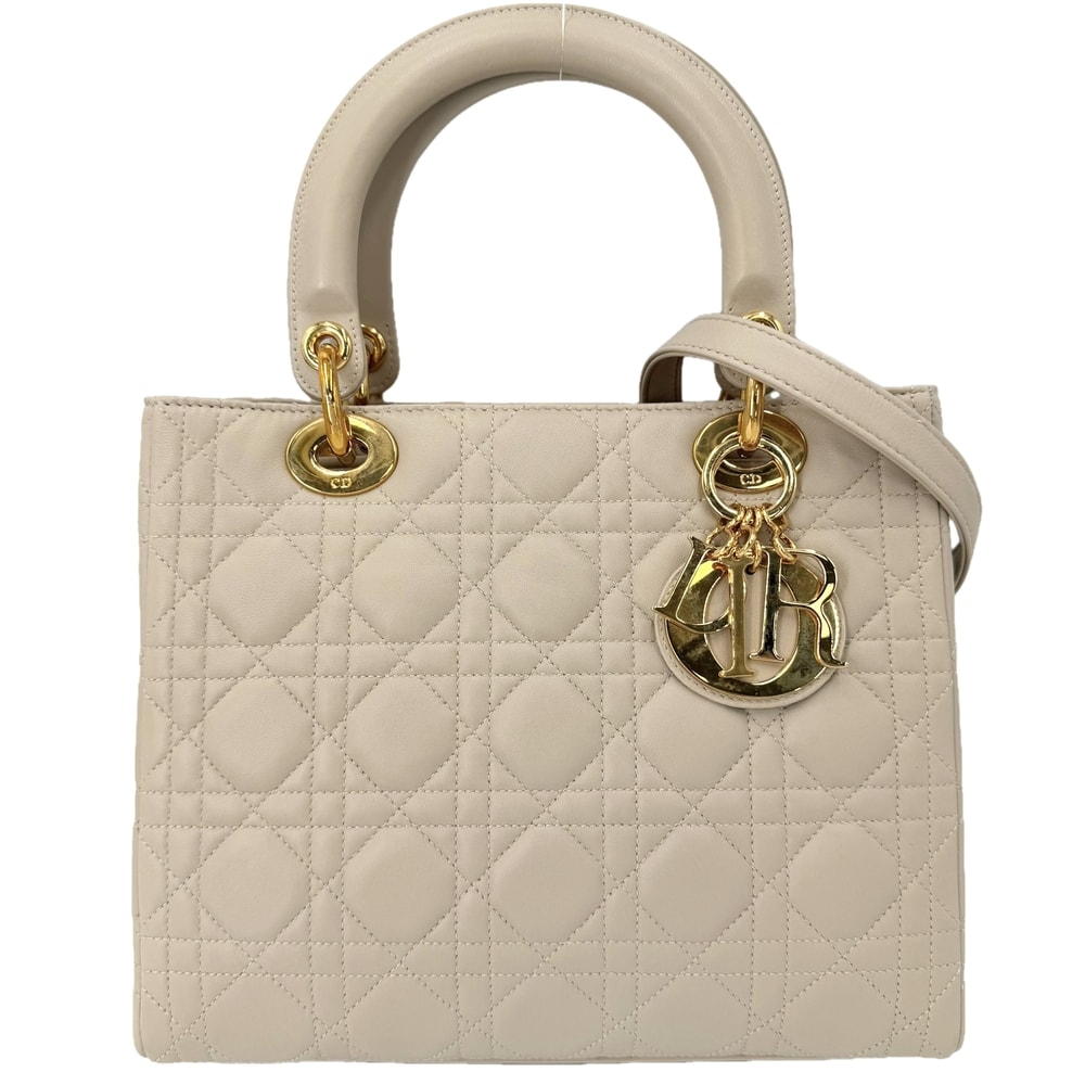 Christian Dior クリスチャンディオール 2WAY カナージュ レディディオール ハンドバッグ ショルダーバッグ 肩掛け 斜め掛け  カーフスキン   ベージュ ゴールド金具 レディース 美品【中古品】