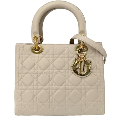 Christian Dior クリスチャンディオール 2WAY カナージュ レディディオール ハンドバッグ ショルダーバッグ 肩掛け 斜め掛け カーフスキン ベージュ ゴールド金具 レディース 美品【中古品】
