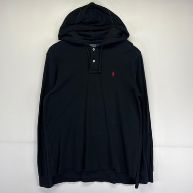 古着 ポロバイラルフローレン Polo by Ralph Lauren 長袖 ポロシャツ 鹿子生地 フーディー ワンポイントロゴ刺繍 L ブラック メンズ