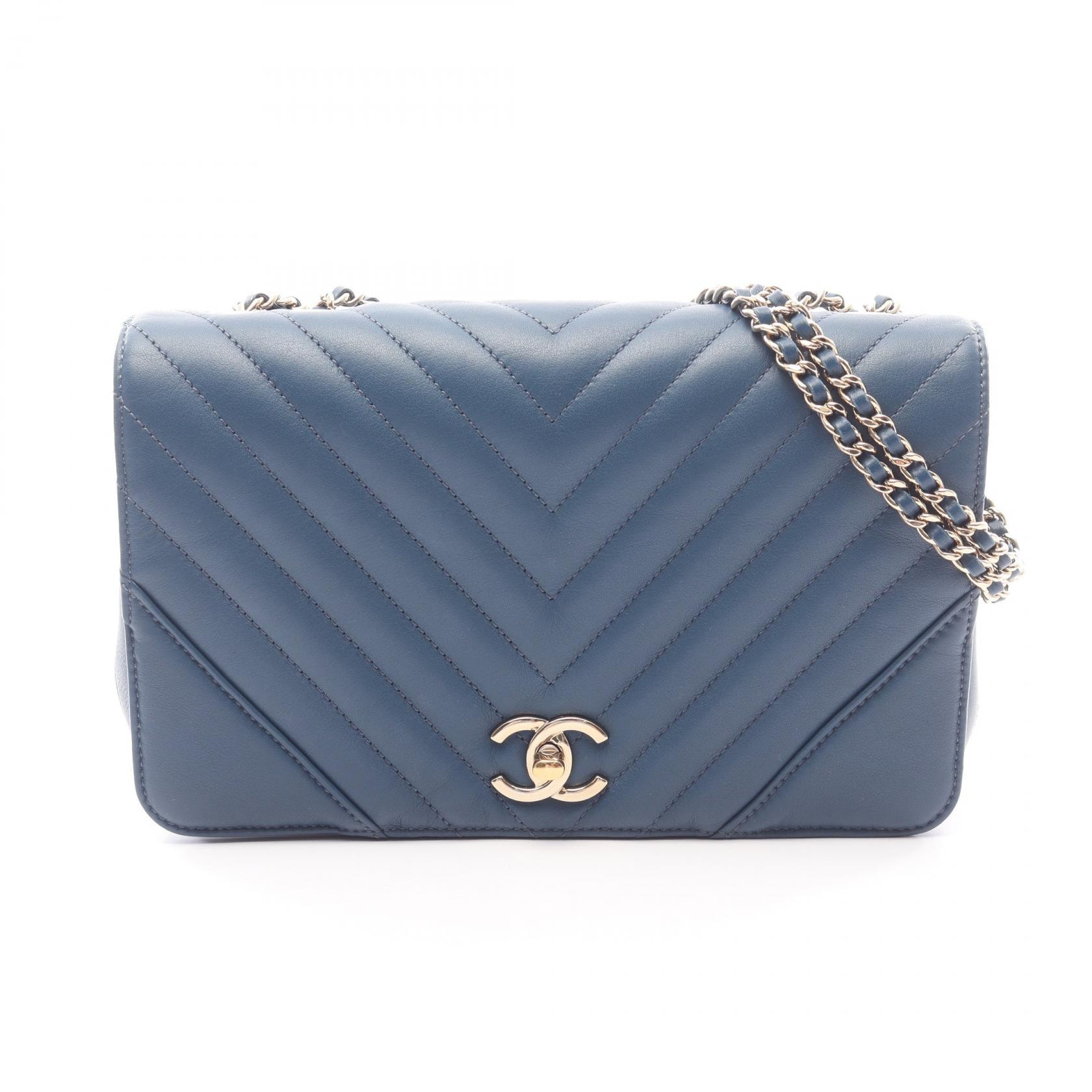 シャネル CHANEL Vステッチ シェブロン フルフラップ ショルダーバッグ バッグ ラムスキン(羊革) レディース ブルー系 A91587 【中古】