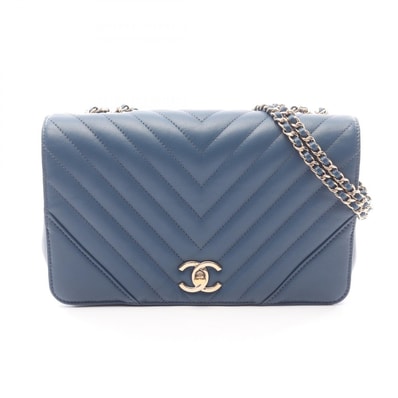 シャネル CHANEL Vステッチ シェブロン フルフラップ ショルダーバッグ バッグ ラムスキン(羊革) レディース ブルー系 A91587 【中古】