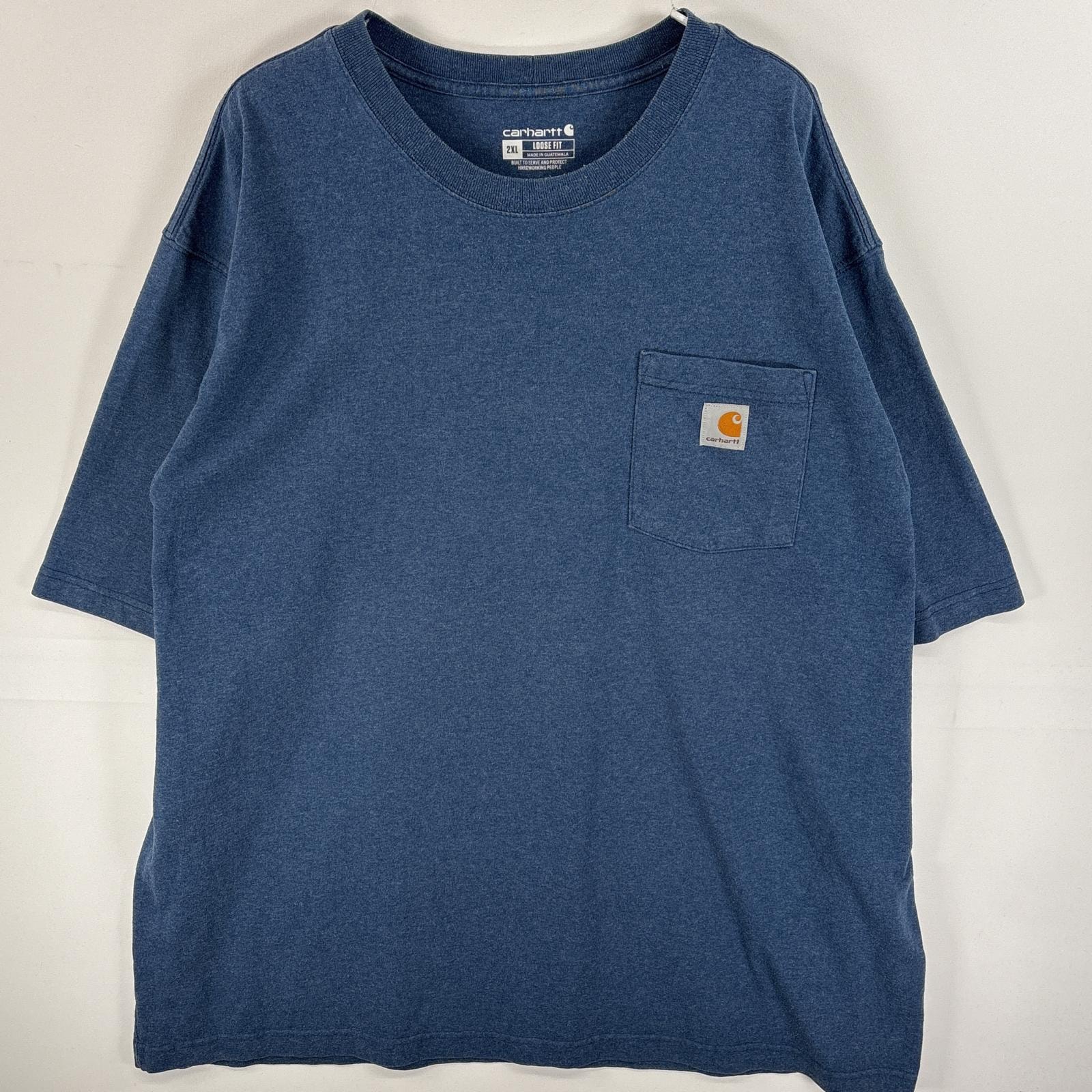 古着 カーハート Carhartt 半袖Tシャツ ワンポイント ロゴ 混色生地 胸ポケ 2XL  ブルー 無地 メンズ