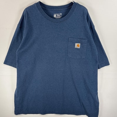 古着 カーハート Carhartt 半袖Tシャツ ワンポイント ロゴ 混色生地 胸ポケ 2XL ブルー 無地 メンズ