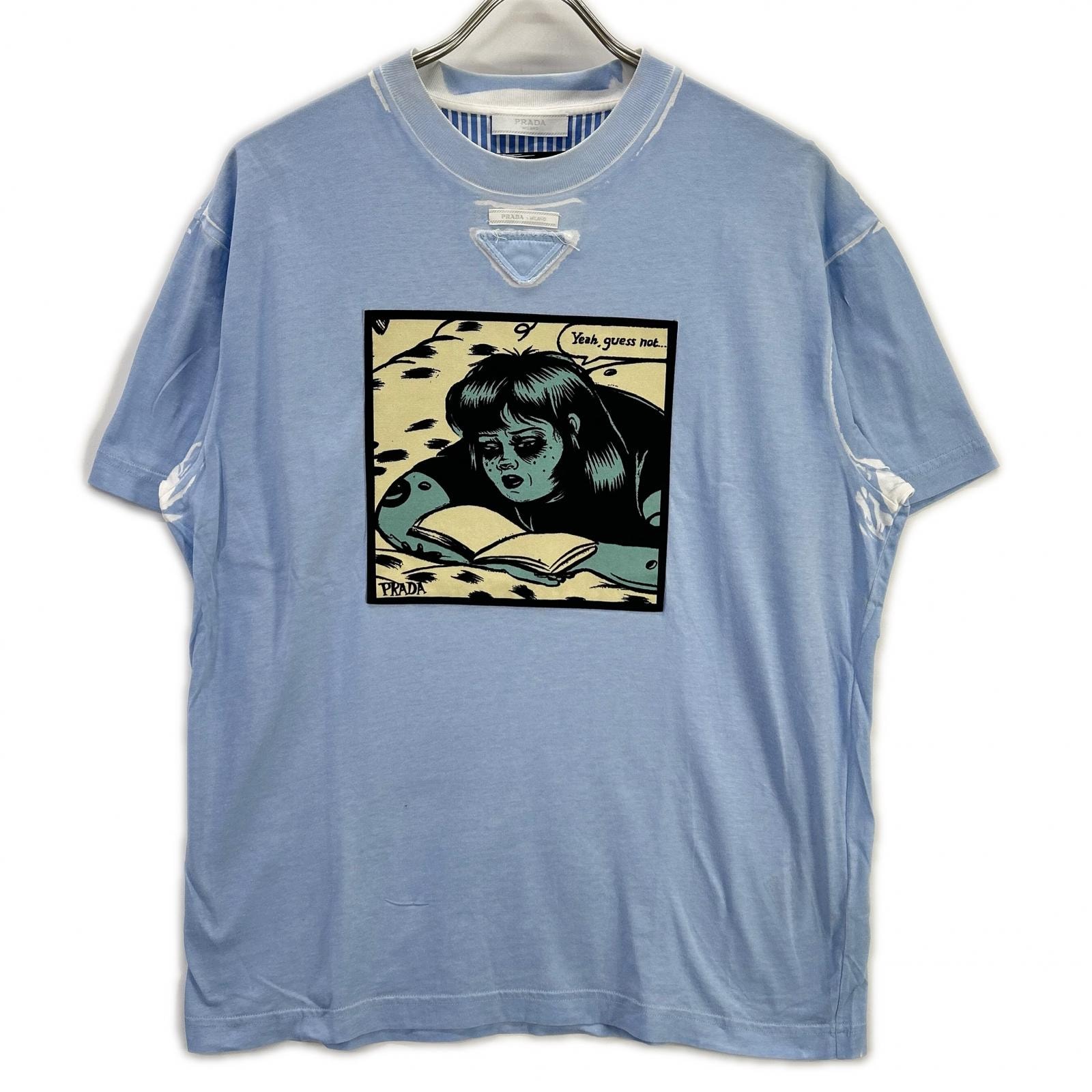 プラダ UJB489 トライアングルロゴ アメリカンコミックプリント ブルー Tシャツ S