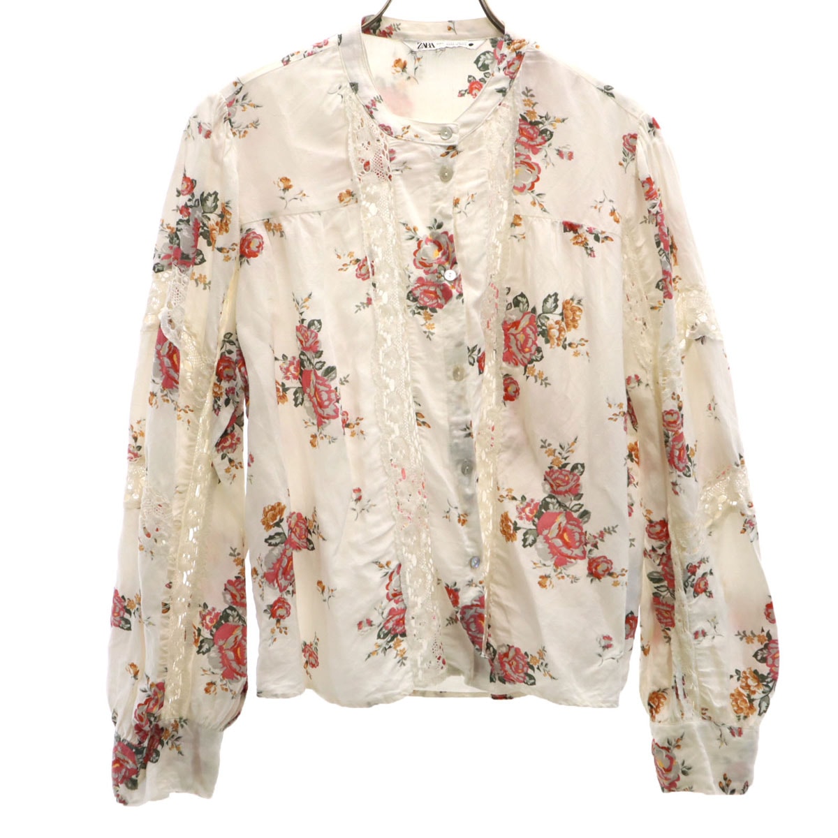 ZARA ザラ 花柄 長袖 レース切替 バンドカラーシャツ L ホワイト ブラウス