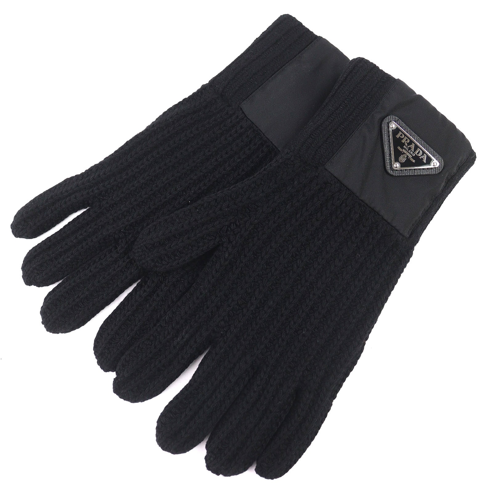 美品 プラダ トライアングルロゴプレート リブニット グローブ 黒 UMK75