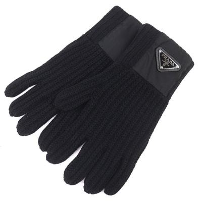 美品 プラダ トライアングルロゴプレート リブニット グローブ 黒 UMK75