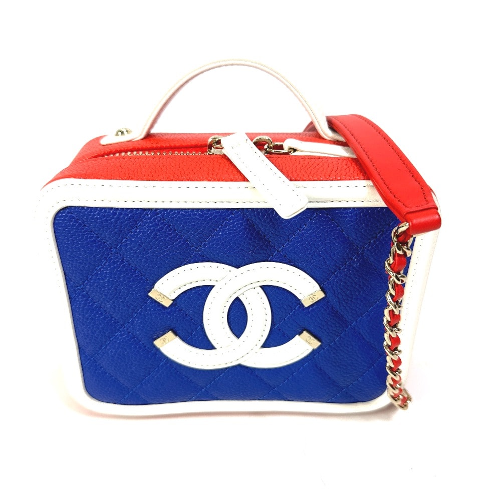 シャネル CHANEL CCフィリグリー バニティバッグ A93342 ココマーク トリコロール ショルダーバッグ キャビアスキン レッド 新品同様