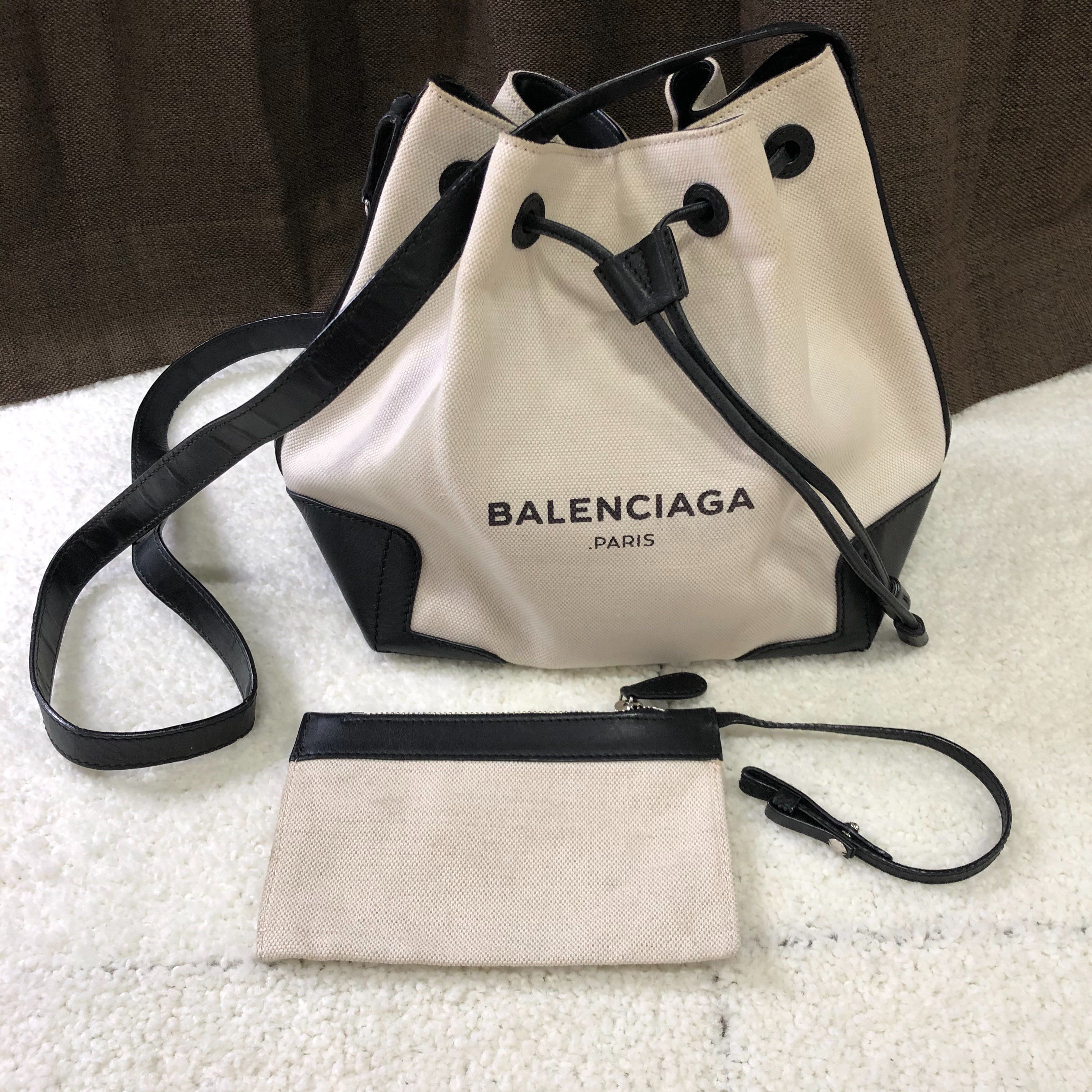 BALENCIAGA Navy Bucket Shoulder Bag "Off White"