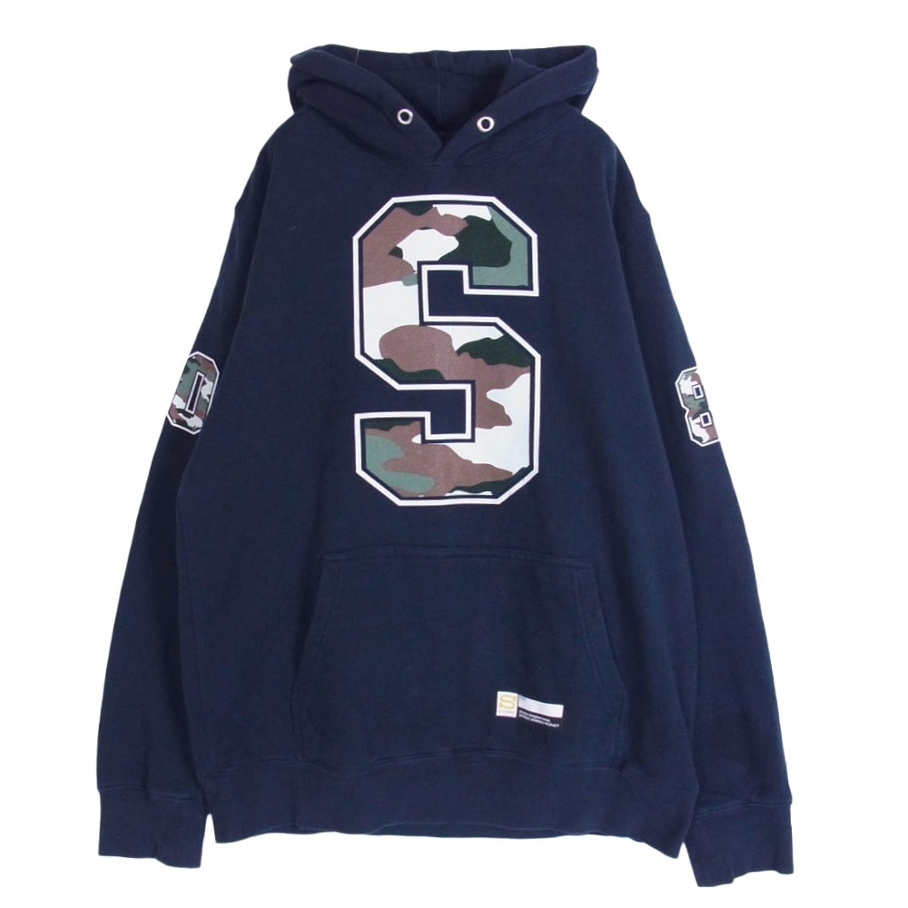 STUSSY ステューシー パーカー 【フェイクバスターズ鑑定済】 迷彩 Sロゴ プルオーバー フーディー パーカー ネイビー系 M【中古】