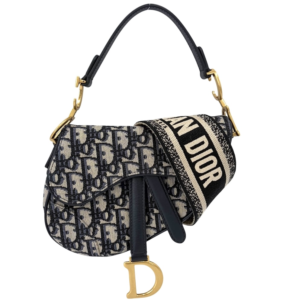 Dior ディオール 2WAY オブリーク サドルバッグ ショルダーバッグ ハンドバッグ 肩掛け 斜め掛け キャンバス  レザー   ネイビー 紺 ベージュ ゴールド金具 レディース【中古品】
