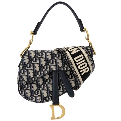 Dior ディオール 2WAY オブリーク サドルバッグ ショルダーバッグ ハンドバッグ 肩掛け 斜め掛け キャンバス レザー ネイビー 紺 ベージュ ゴールド金具 レディース【中古品】