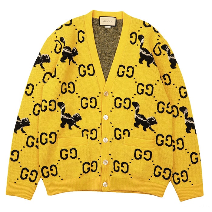 【美品】GUCCI グッチ カーディガン ニット サイズ S メンズ GGスプリーム スカンク柄 ロゴ ボタン トップス イエロー ブラック 黄 黒 イタリア製