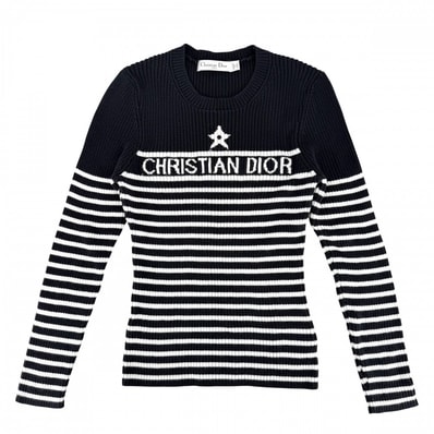 Christian Dior クリスチャンディオール ニット ボーダー Dioriviera セーター トップス アパレル 服 36 ネイビー 紺 ホワイト 白 コットン レディース 春 秋 冬 美品【中古品】