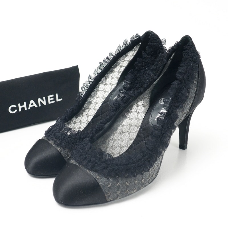 CHANEL シャネル パンプス サイズ36 1/2C 靴 CCロゴ ココマーク マトラッセ フリル レース ブラック イタリア製 ブランド古着【中古】20250305/RA3660