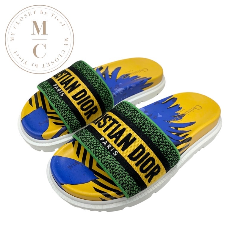 クリスチャンディオール CHRISTIAN DIOR DWAY サンダル 靴 シューズ ファブリック イエロー ブルー グリーン エンブロイダリー ロゴ ミュール フラットサンダル 刺繍