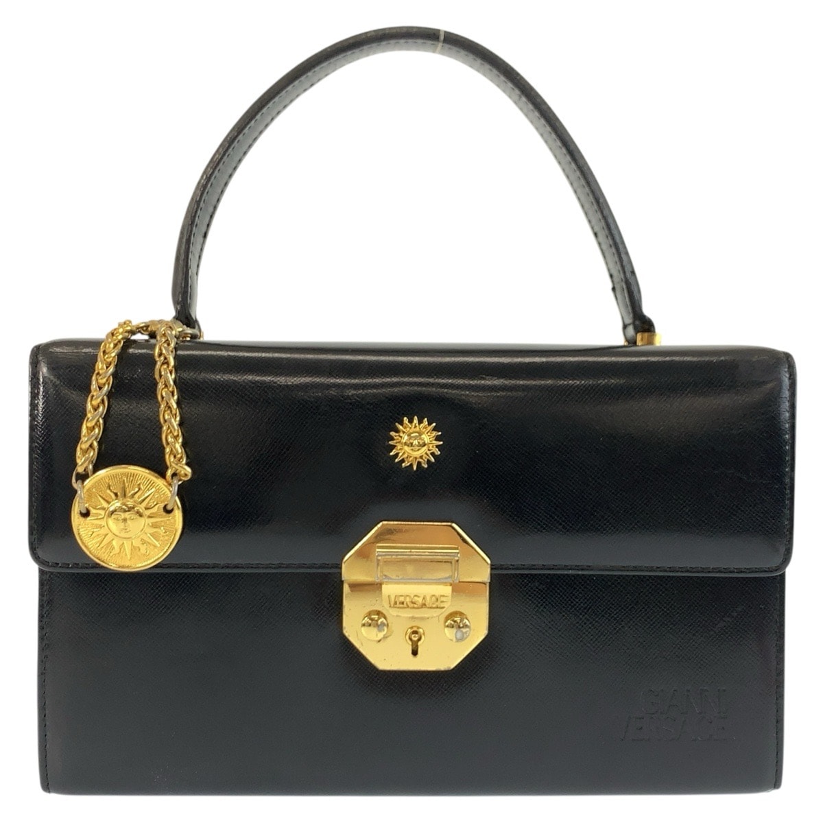美品 VERSACE ヴェルサーチ サンバースト ブラック 黒 ゴールド金具 パテントレザー ハンドバッグ バニティバッグ 603697 【中古】