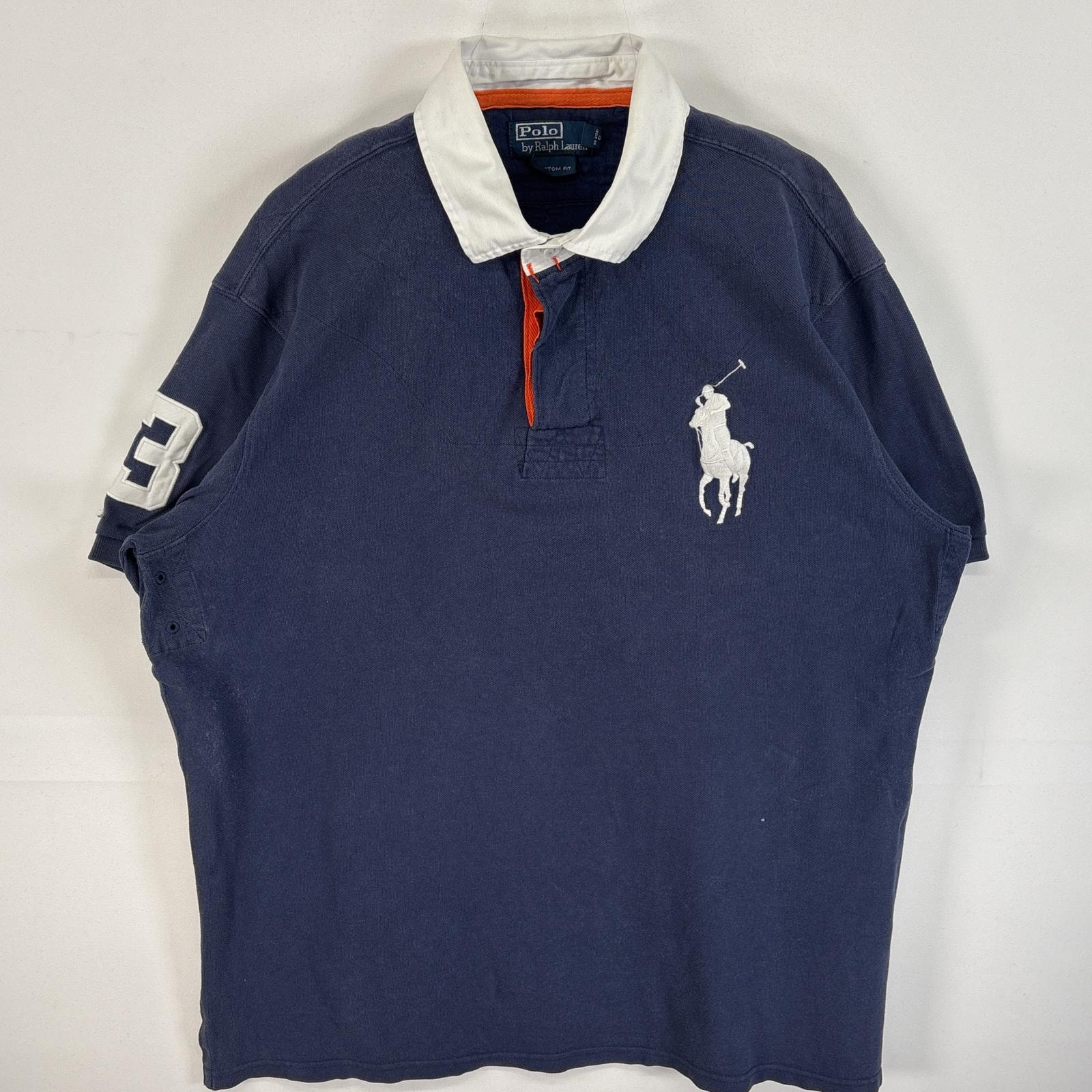 古着 90's/90年代 ポロバイラルフローレン Polo by Ralph Lauren 鹿の子 半袖 ラガーシャツ 襟切替 ビッグポニー 大きいサイズ XL  ネイビー系 無地 メンズ