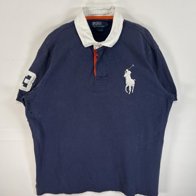 古着 90's/90年代 ポロバイラルフローレン Polo by Ralph Lauren 鹿の子 半袖 ラガーシャツ 襟切替 ビッグポニー 大きいサイズ XL ネイビー系 無地 メンズ