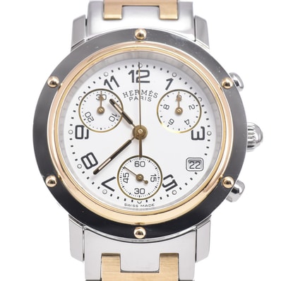 エルメス HERMES CL1.320 クリッパー クロノグラフ ホワイト クォーツ レディース 美品 箱・保証書付き 腕時計 R#149320