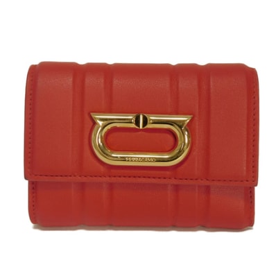 Salvatore Ferragamo サルヴァトーレフェラガモ ガンチーニ コンパクト ウォレット ロゴメタル エンボス トリフォールド スナップボタン 札入れ カードケース コインケース RFID ICチップ 新ロゴ レッド 三つ折り財布 220445