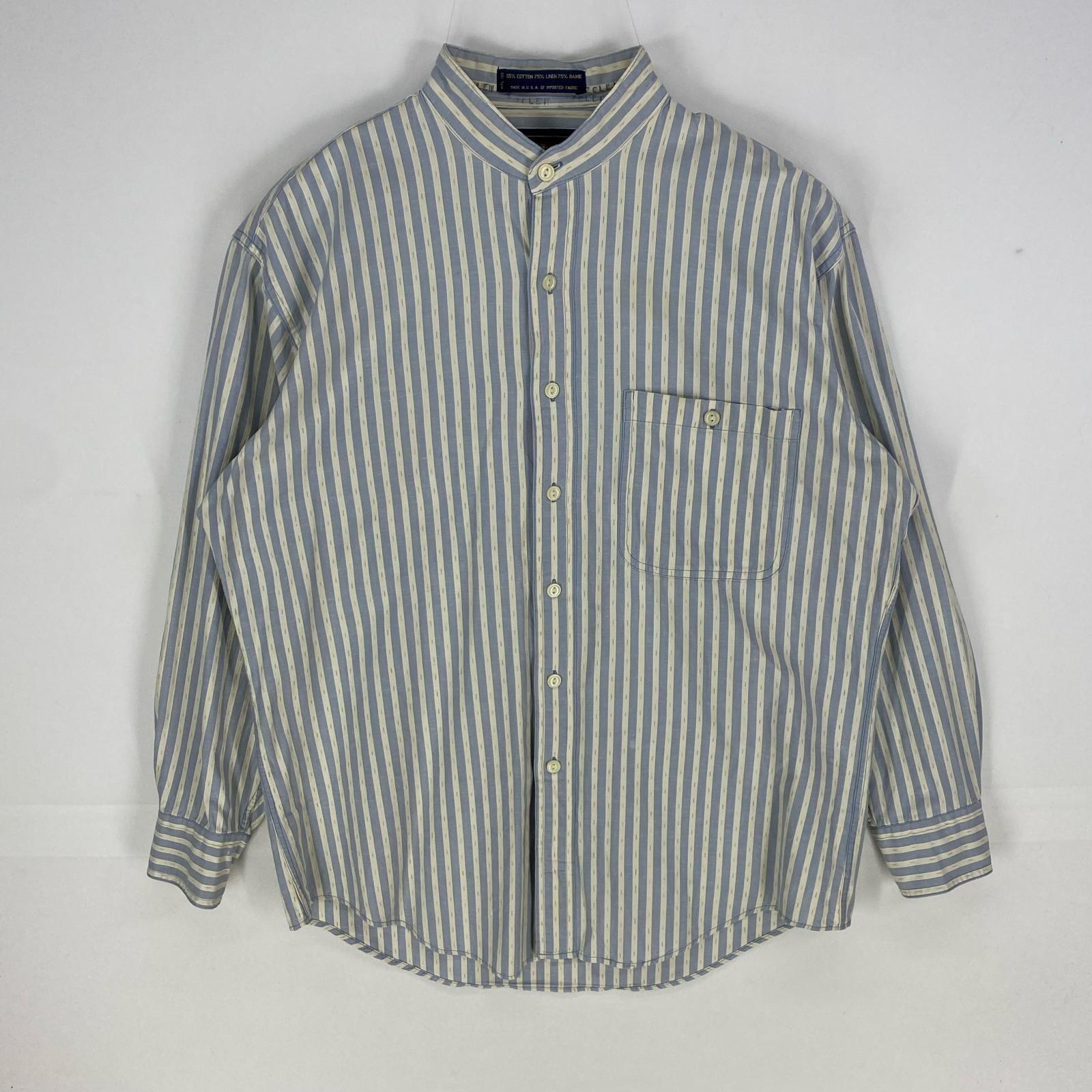 古着 80's/80年代 ヴィンテージ チャップスラルフローレン CHAPS RALPHLAUREN USA製 長袖シャツ ノーカラー M  ブルー系 ストライプ メンズ