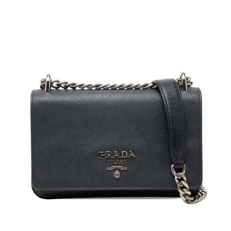 プラダ チェーン ショルダーバッグ ネイビー サフィアーノレザー レディース PRADA 【中古】