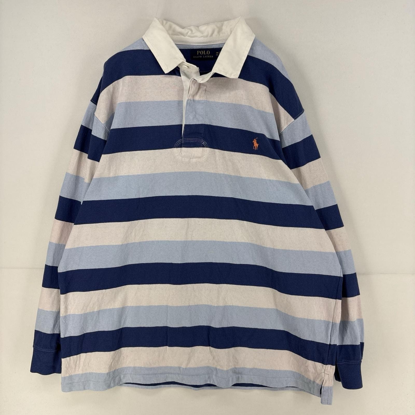 古着 ポロ・ラルフローレン POLO RALPH LAUREN 長袖シャツ ワンポイント ロゴ 刺繍 ラガーシャツ 2XB  ブルー系 ボーダー メンズ